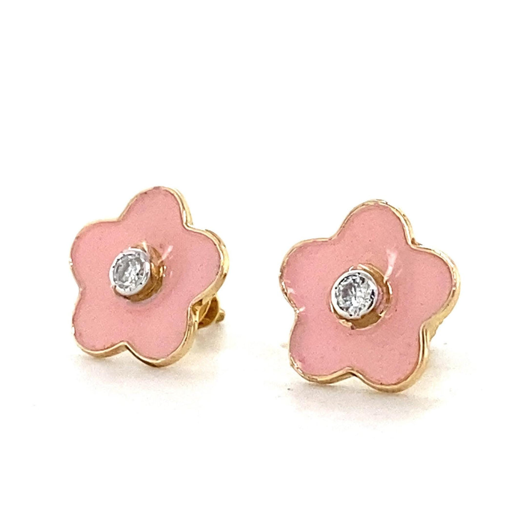 Kids Enameled Flower Diamond Stud Earrings, 14k Solid Gold, Natural Diamonds, Kids jewelry, Gift for toddlers, girls and kids