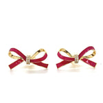 Load image into Gallery viewer, Kids Ribbon Diamond Stud Earrings, 14k Solid Gold With Pink Enameling, Natural Diamonds, Kids jewelry, Gift for toddlers, girls, and kids