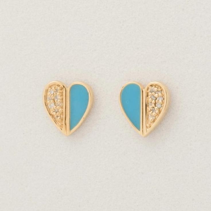 Heart Diamond Kids Earrings, 14k Solid Gold Enamel Studs, Natural Diamond, Minimalistic Everyday jewelry, Gift for toddlers, girls, and kid