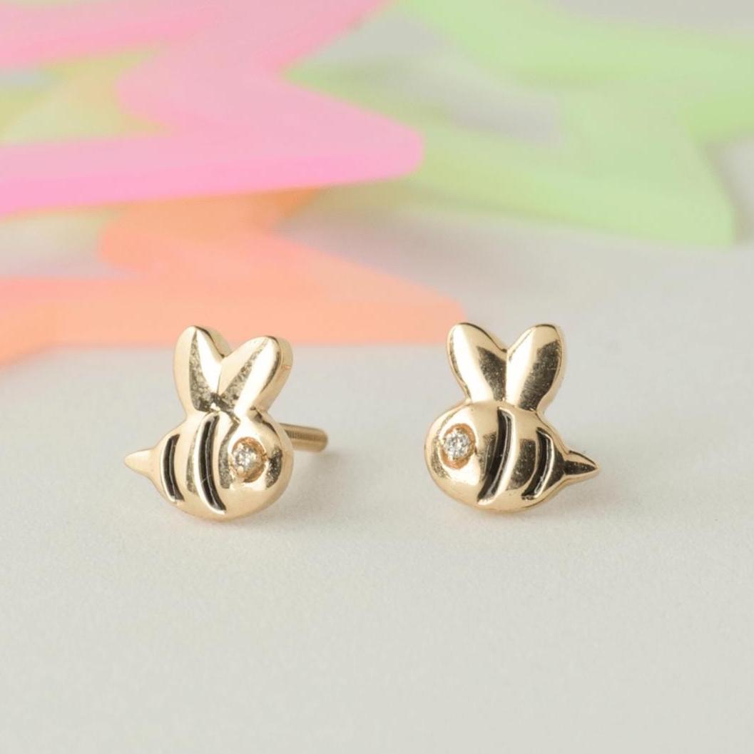 Bee Diamond Stud Earrings, 14k Solid Gold, Natural Diamond, Kids Jewelry, Enamel Everyday Earring, Gift For Toddler, Kids And Girls