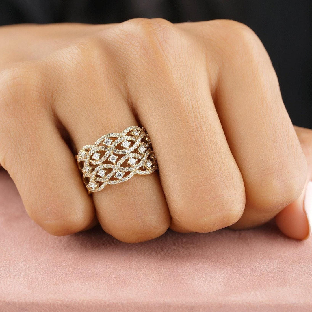 Criss Cross Diamond Ring, 14k solid gold, Natural Diamonds, Wedding Broad Band, Cocktail Statement Ring, Wide Band Ring, Gift For Her