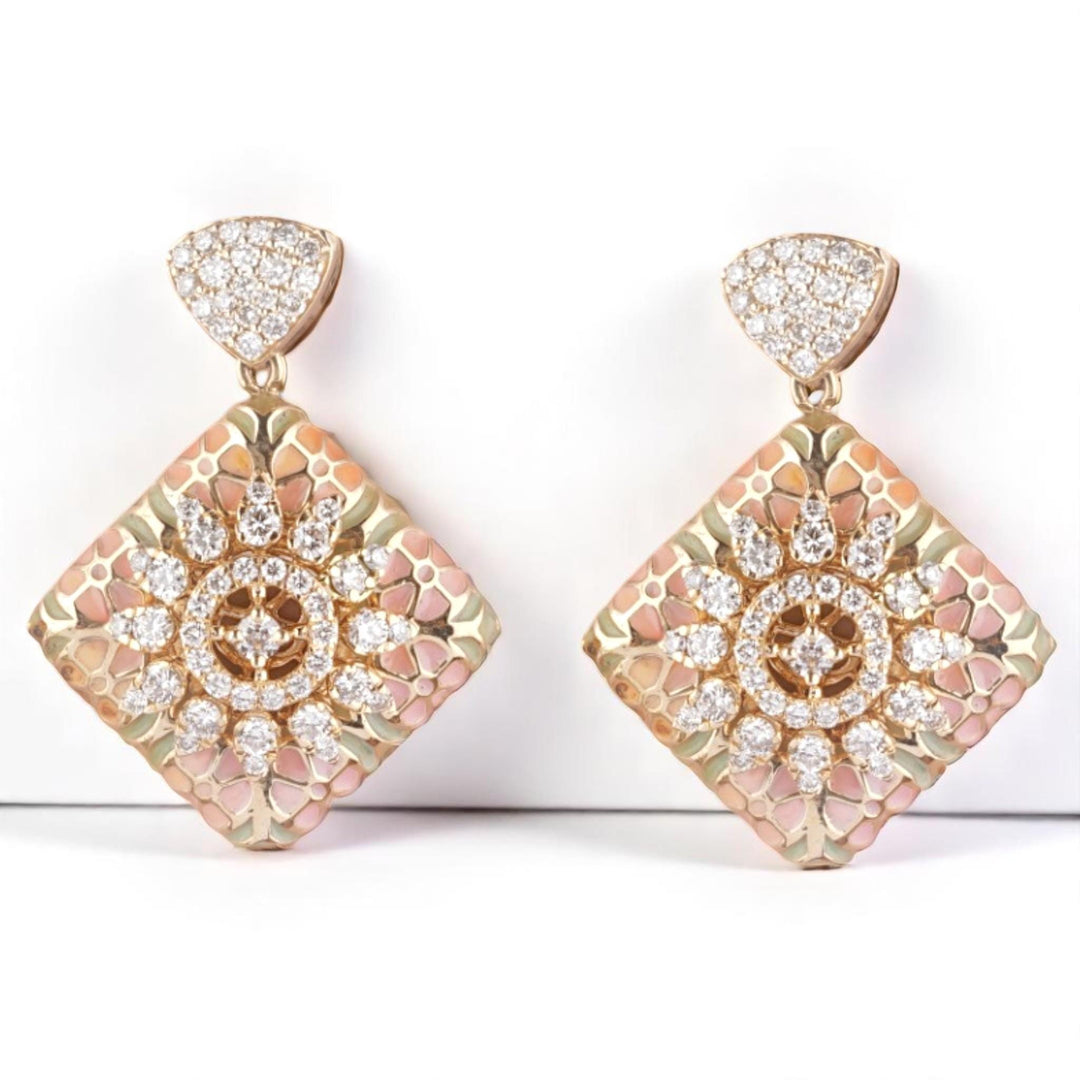 Floral Diamond Dangle Earrings, 14k Solid Gold, Natural Diamonds, Honeycomb Square Enamel Drops, Cocktail Statement Jewelry