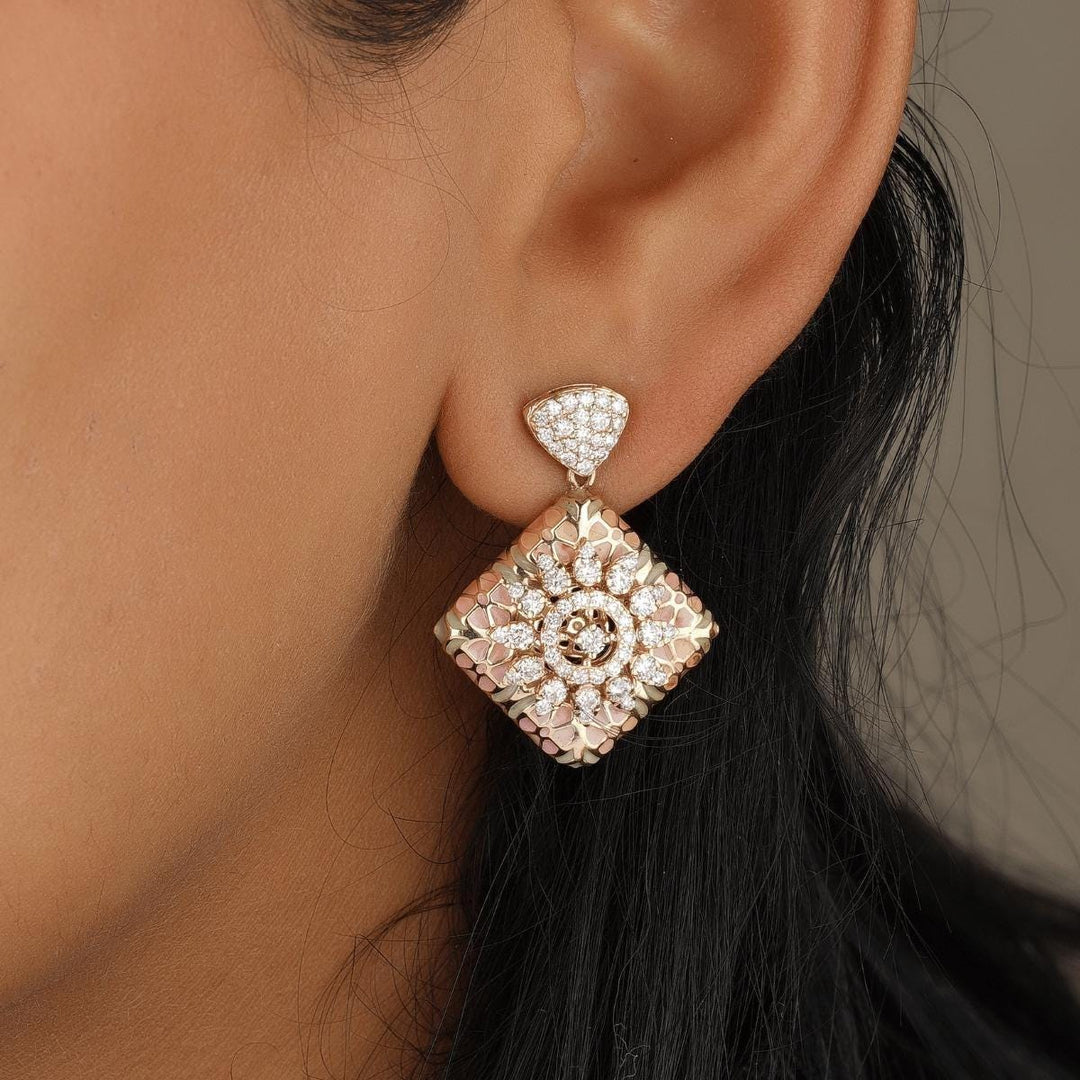 Floral Diamond Dangle Earrings, 14k Solid Gold, Natural Diamonds, Honeycomb Square Enamel Drops, Cocktail Statement Jewelry