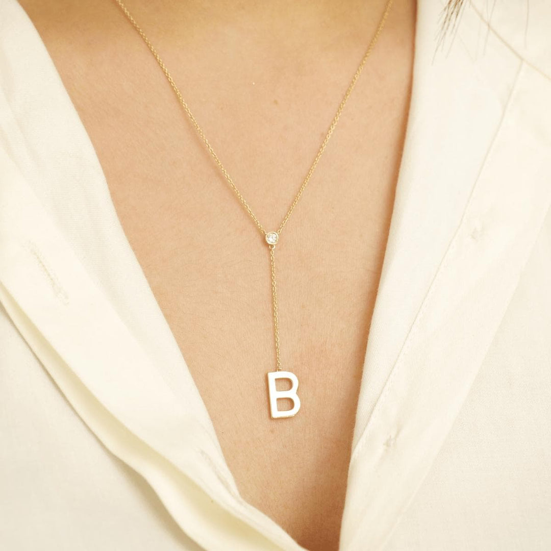 Personalized Bold Initial Lariat Diamond Necklace, 14k Solid Gold, Natural Diamonds, Bezel Drop Letter Jewelry, Minimalist Everyday Jewelry