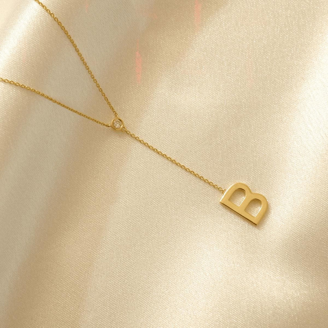 Personalized Bold Initial Lariat Diamond Necklace, 14k Solid Gold, Natural Diamonds, Bezel Drop Letter Jewelry, Minimalist Everyday Jewelry