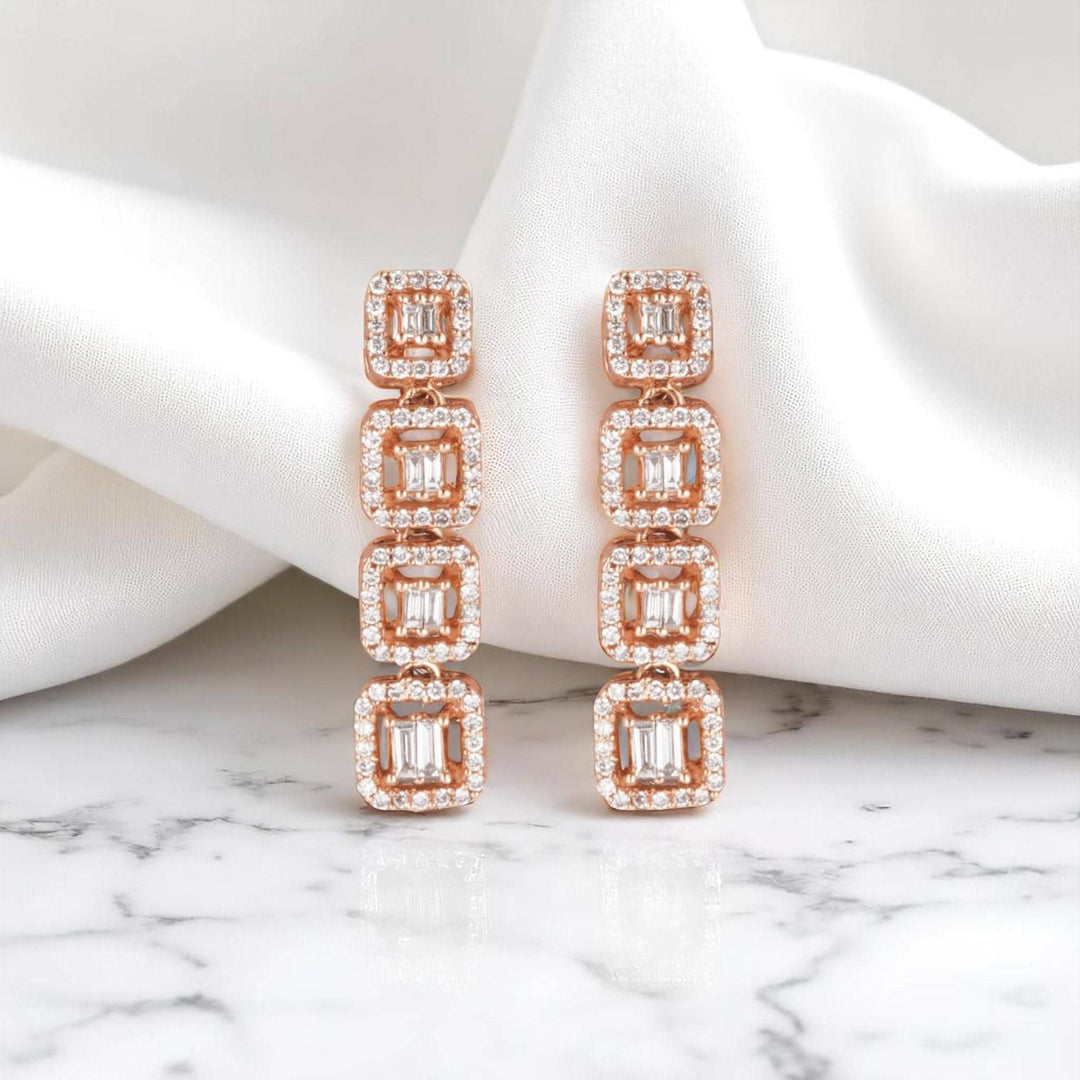 Geometric Diamond Dangle Earrings, 14K Solid Gold, Natural Diamonds, Halo Baguette Square Drop, Cocktail Statement Jewelry