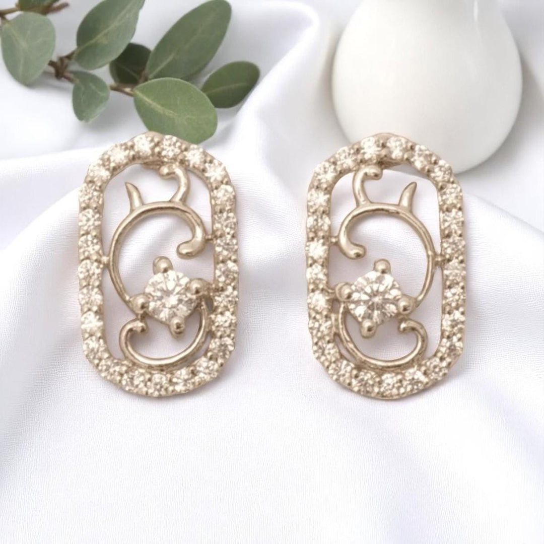 Filigree Diamond Stud Earrings, 14k Solid Gold, Natural Diamonds, Lightweight Everyday Earrings, Swirl Oval Jewelry