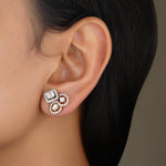 Load image into Gallery viewer, Halo Diamond Stud Earrings, Oval, Emerald & Round Natural Diamonds, 14K Solid Gold, Three Tone Statement Studs, Bridal Wedding Earrings