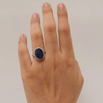 Load image into Gallery viewer, Blue Sapphire Diamond Halo Ring, 14k Solid Gold, Natural Diamonds, Gemstone Cabochon Jewelry, Statement Ring, Ready To Ship, HRD Certified