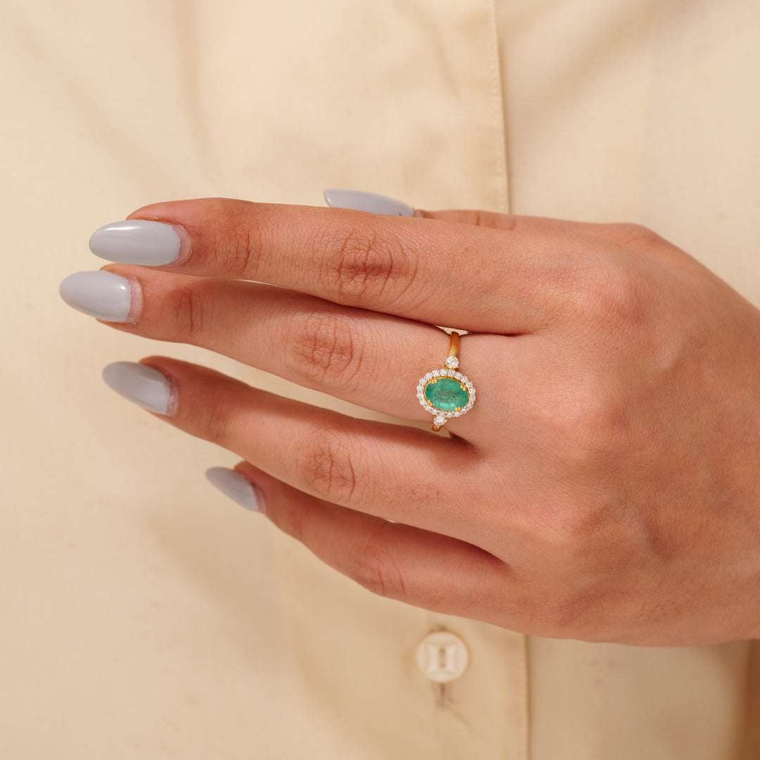 Oval Emerald Halo Diamond Ring, 14k Solid Gold, Natural Diamond, Statement Dual Tone Jewelry, Cocktail Ring, Engagement Wedding Ring