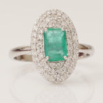 Load image into Gallery viewer, Emerald Cut Emerald Gemstone Diamond Ring, 14k Solid Gold, Natural Diamonds, Double Halo Statement Cocktail Jewelry, Engagement Wedding Ring