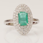 Load image into Gallery viewer, Emerald Cut Emerald Gemstone Diamond Ring, 14k Solid Gold, Natural Diamonds, Double Halo Statement Cocktail Jewelry, Engagement Wedding Ring