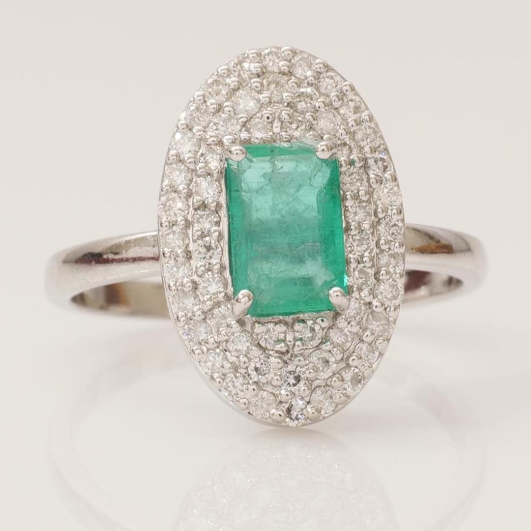 Emerald Cut Emerald Gemstone Diamond Ring, 14k Solid Gold, Natural Diamonds, Double Halo Statement Cocktail Jewelry, Engagement Wedding Ring