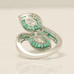 Load image into Gallery viewer, Baguette Cut Emerald Halo Diamond Ring, 14k Solid Gold, Natural Diamond, Statement Jewelry, Cocktail Ring, Bypass Leaf Ring, Open Wrap Ring