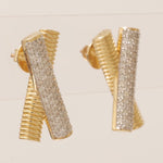 Load image into Gallery viewer, X Bar Diamond Stud Earrings, 14k Solid Gold, Natural Diamonds, Cluster Statement Jewelry, Everyday Minimalistic Studs, Ribbed Two Toned Bars