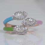 Load image into Gallery viewer, Three Stone Enamel Cuff Ring, 14k Solid Gold, Marquise & Round Natural Diamonds, Multicolor Stackable Open Split Shank Ring, Gift For Her