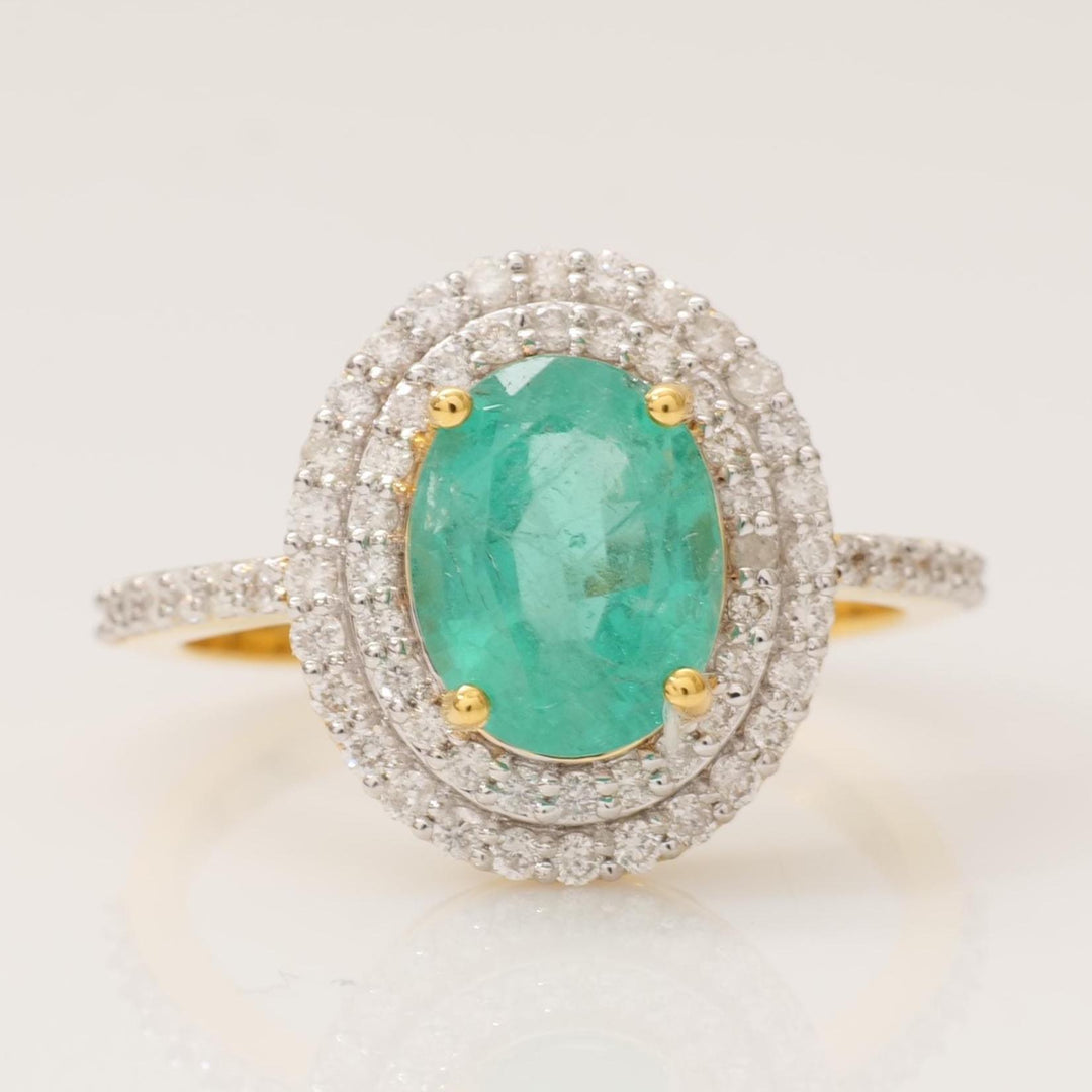 Oval Emerald Double Halo Diamond Ring, 14k Solid Gold, Natural Diamonds, Gemstone Statement Cocktail Jewelry, Engagement Wedding Ring,