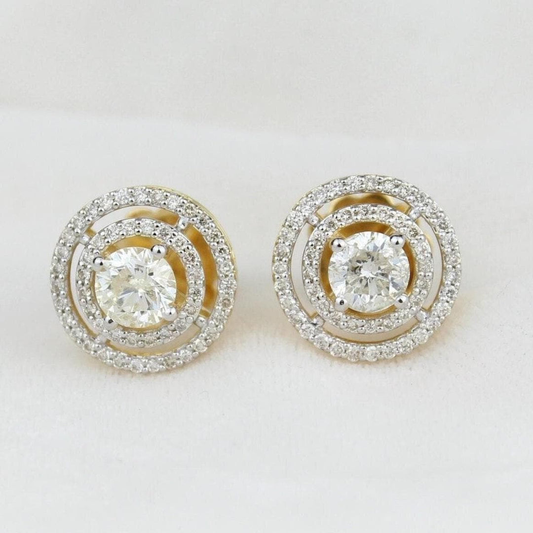 Double Halo Stud Solitaire Earrings, Natural Diamonds, 14k Solid Gold, Geometric Bridal Earrings, Statement Wedding Studs