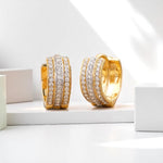 Load image into Gallery viewer, Triple line Diamond Huggie Earrings, 14k Solid Gold, Natural Diamonds, Cocktail Statement Jewelry, Everyday Hoop Earrings