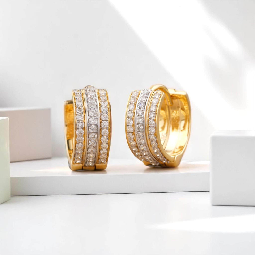 Triple line Diamond Huggie Earrings, 14k Solid Gold, Natural Diamonds, Cocktail Statement Jewelry, Everyday Hoop Earrings