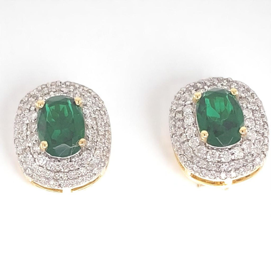 Oval Emerald Halo Diamond Stud Earrings, 14k Solid Gold, Natural Diamonds, Cocktail Statement Jewelry, Bridal Wedding Earrings