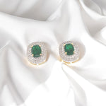 Load image into Gallery viewer, Oval Emerald Halo Diamond Stud Earrings, 14k Solid Gold, Natural Diamonds, Cocktail Statement Jewelry, Bridal Wedding Earrings