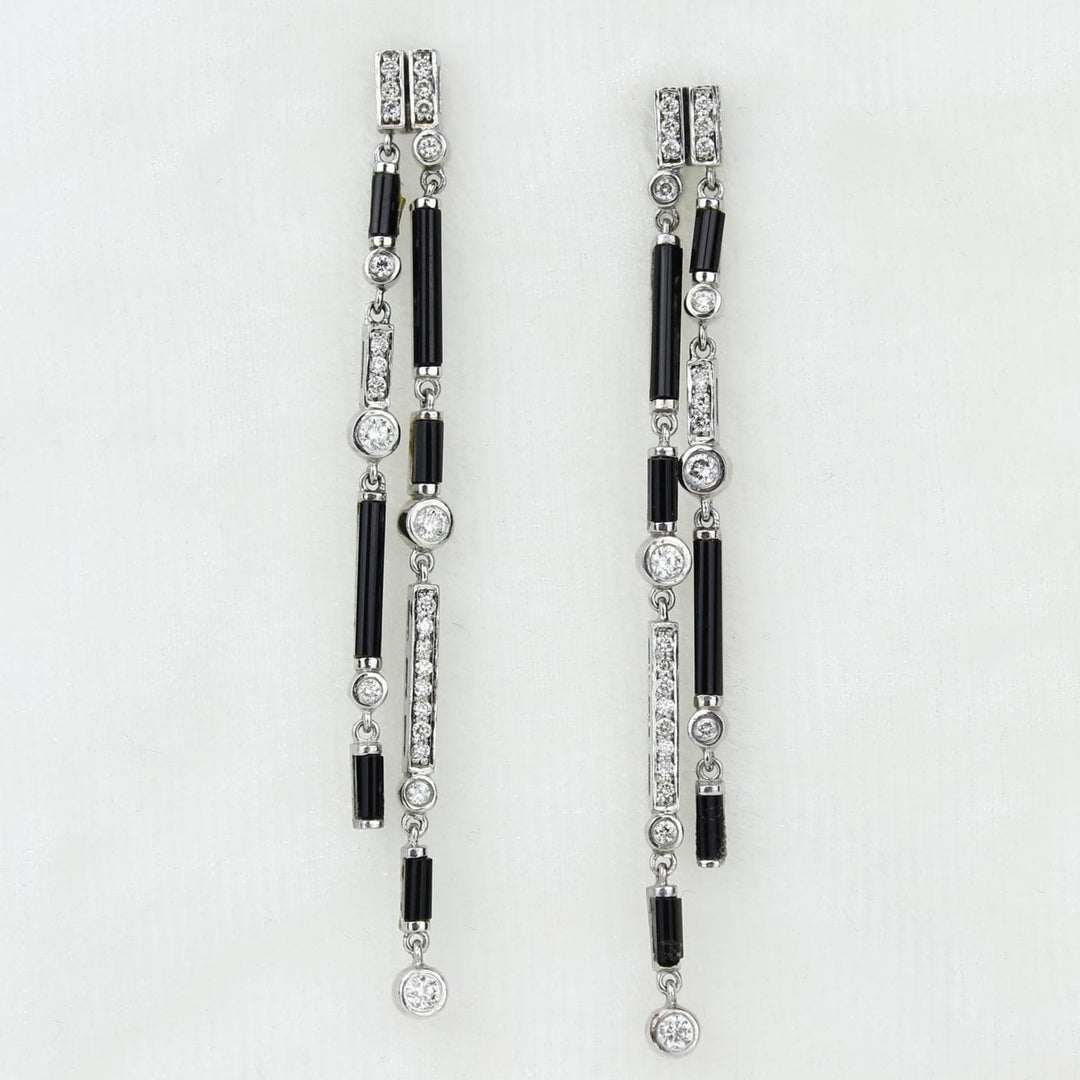 Black Onyx Diamond Dangle Earrings, 14k Solid Gold, Natural Diamonds, Geometric Linear Drop, Cocktail Statement Earrings
