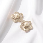 Load image into Gallery viewer, Floral Pearl Diamond Earrings, 14k Solid Gold, Natural Diamonds, Pave Flower Studs, Everyday Cocktail Jewelry, Cluster Pave Setting