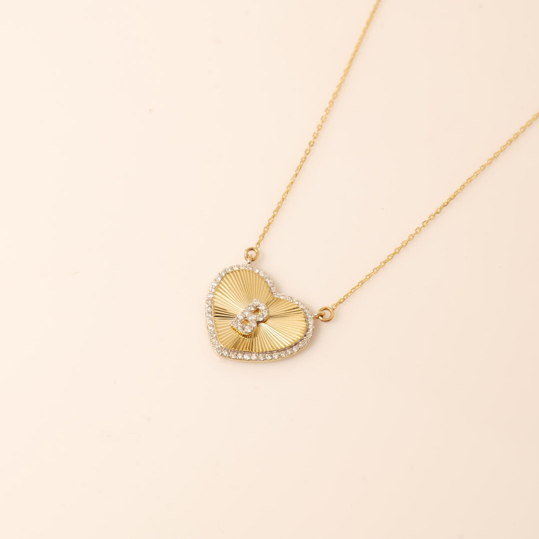 Heart Initial Medallion Diamond Necklace, 14k Solid Gold, Natural Diamonds, Everyday Halo Pendant, Personalised Letter Charm, Ready To Ship