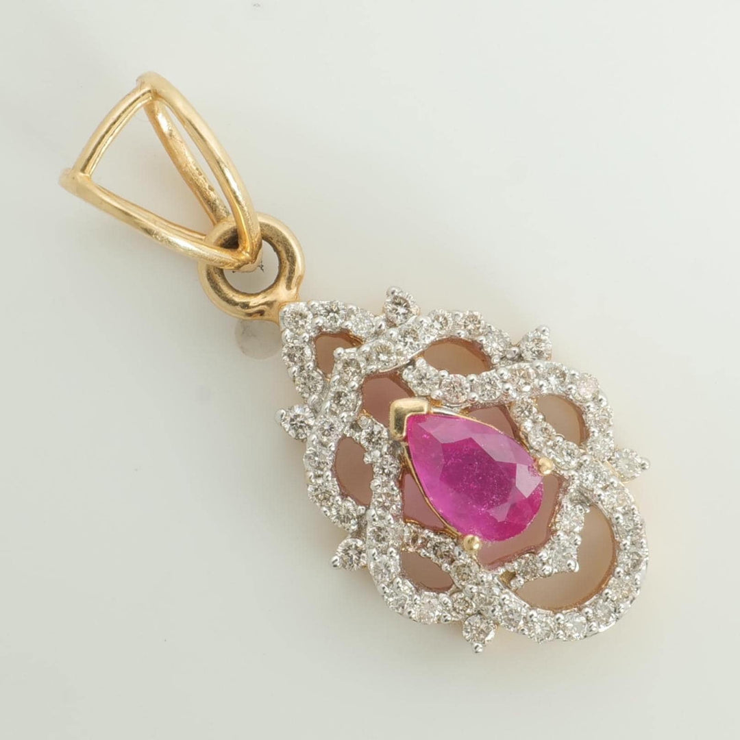 Filigree Ruby Diamond Pendant Necklace, 14k Solid Gold, Natural Diamond, Gemstone Statement Chain Pendant, Pear Vintage Jewelry