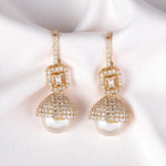 Load image into Gallery viewer, Dome Pearl Drop Diamond Earrings, 14k Solid Gold, Natural Diamonds, Halo Baguette Jewelry, Bridal Statement Dangle Earrings