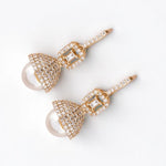 Load image into Gallery viewer, Dome Pearl Drop Diamond Earrings, 14k Solid Gold, Natural Diamonds, Halo Baguette Jewelry, Bridal Statement Dangle Earrings