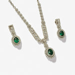 Load image into Gallery viewer, Halo Oval Emerald Diamond Necklace Earring Set, 14k Solid Gold, Natural Diamond, Floral Bridal Jewelry, Wedding Statement Jewelry