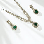 Load image into Gallery viewer, Halo Oval Emerald Diamond Necklace Earring Set, 14k Solid Gold, Natural Diamond, Floral Bridal Jewelry, Wedding Statement Jewelry