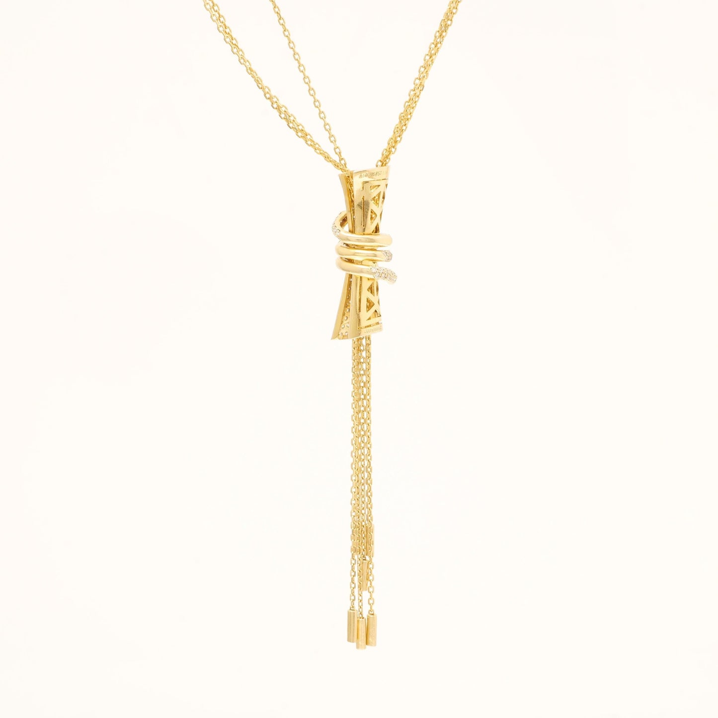 Cylindrical Diamond Charm Necklace with Gold tassels, 14k Solid Gold, Natural Diamonds, Multiple Chain Necklace, Modern Drop Chain Jewelry
