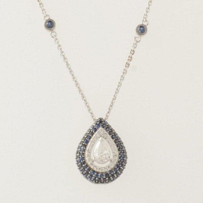 Teardrop Blue Sapphires Halo Diamond Necklace, 14k Solid Gold, Natural Diamonds, Gemstone Stacking Necklace, Ready To Ship, IGI Certified