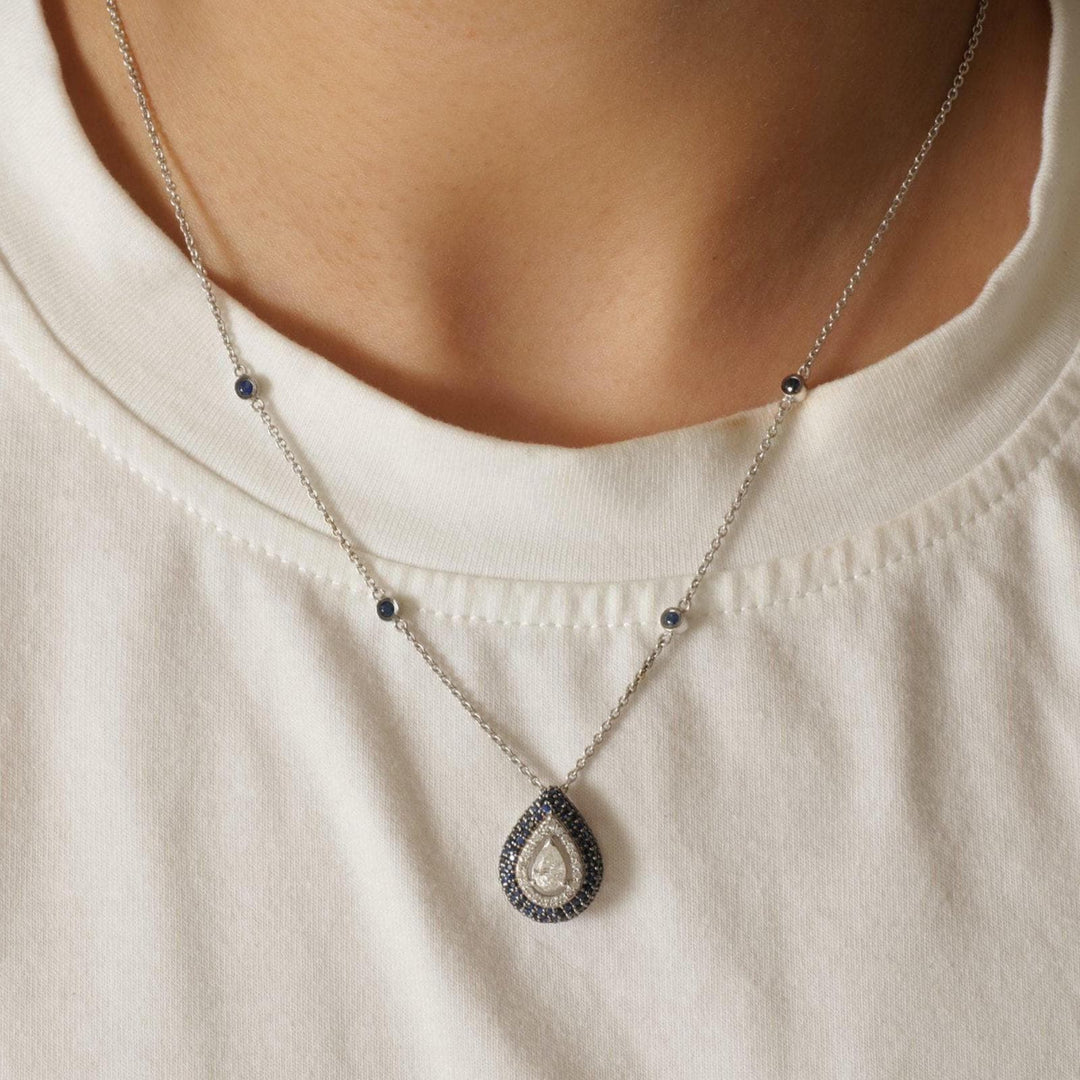 Teardrop Blue Sapphires Halo Diamond Necklace, 14k Solid Gold, Natural Diamonds, Gemstone Stacking Necklace, Ready To Ship, IGI Certified