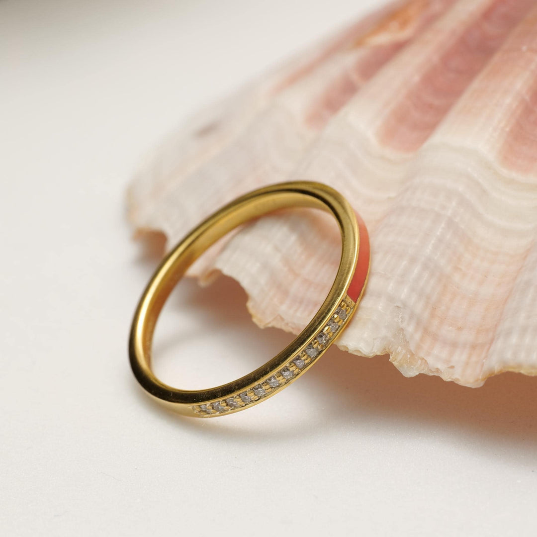 Enamel Diamond Band Ring, 18k Solid Gold, Natural Diamonds, Minimalist Stackable Ring, Everyday Jewelry, Ready To Ship