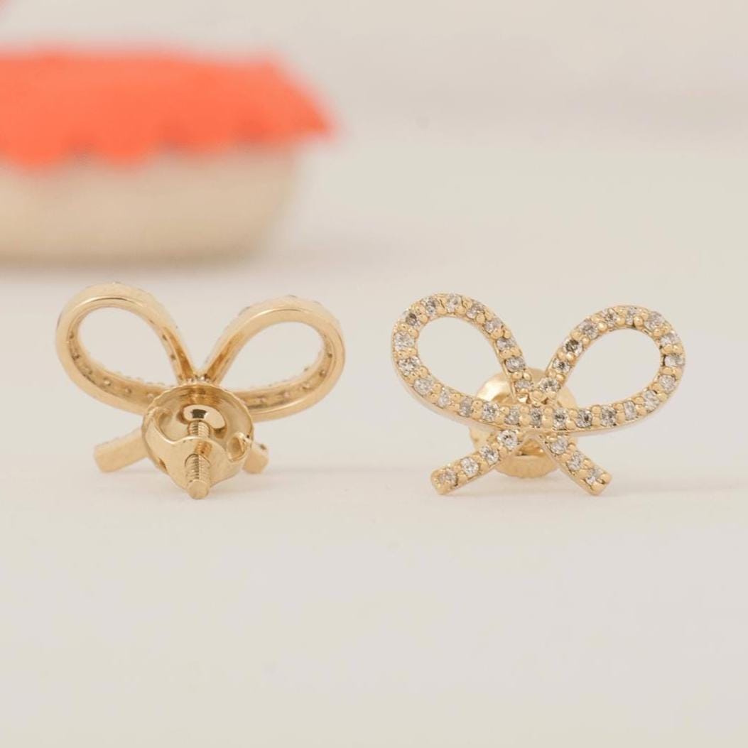Kids Bow Diamond Earrings, 14k Solid Gold, Natural Diamond, Ribbon Studs, Everyday Gift for toddlers/girls/kids, Ready To Ship