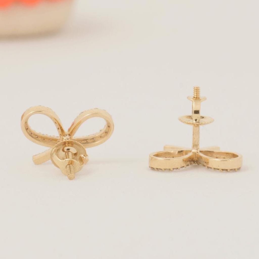 Kids Bow Diamond Earrings, 14k Solid Gold, Natural Diamond, Ribbon Studs, Everyday Gift for toddlers/girls/kids, Ready To Ship