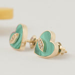 Load image into Gallery viewer, Kids Malachite Heart Diamond Earrings, 14k Solid Gold, Natural Diamonds, Everyday Studs, Gift for Girls/Kids/Toddlers, Ready To Ship