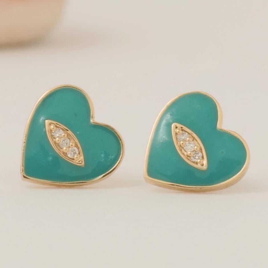 Kids Heart Earrings, 14k Solid Gold, Natural Diamonds, Enamel Studs, Kids Everyday Jewelry, Gift for toddlers/girls, Ready To Ship