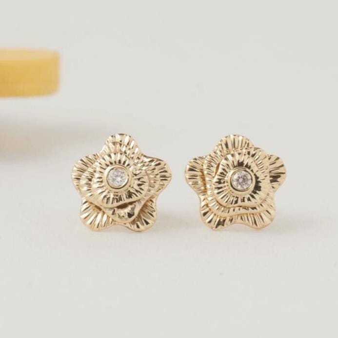 Kids Textured Floral Diamond Earrings, 14k Solid Gold, Natural Diamond, Layered Petal Bloom Studs, Gift for toddler/girls/kid, Ready To Ship