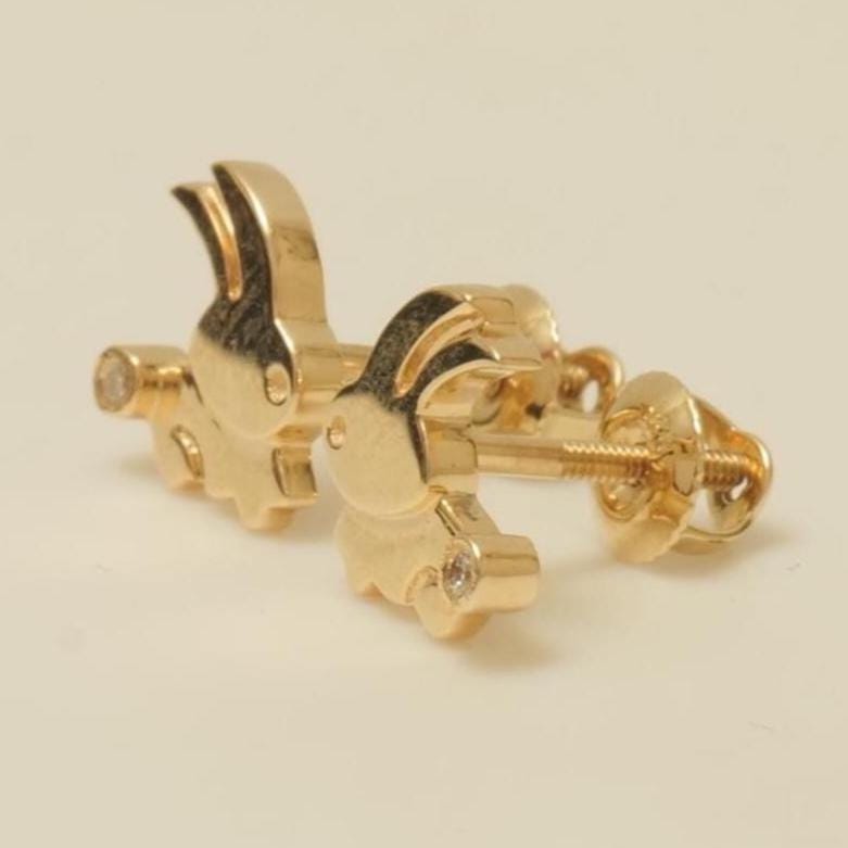Kids Bunny Diamond Earrings, 14k Solid Gold, Natural Diamonds, Animal Jewelry, Minimalistic Gift for toddlers/girls/kids, Ready To Ship