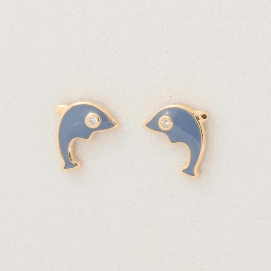 Kids Dolphin Diamond Earrings, 14k Solid Gold, Enamel Studs, Natural Diamond, Everyday Jewelry, Gift for girls, Ready To Ship, HRD Certified