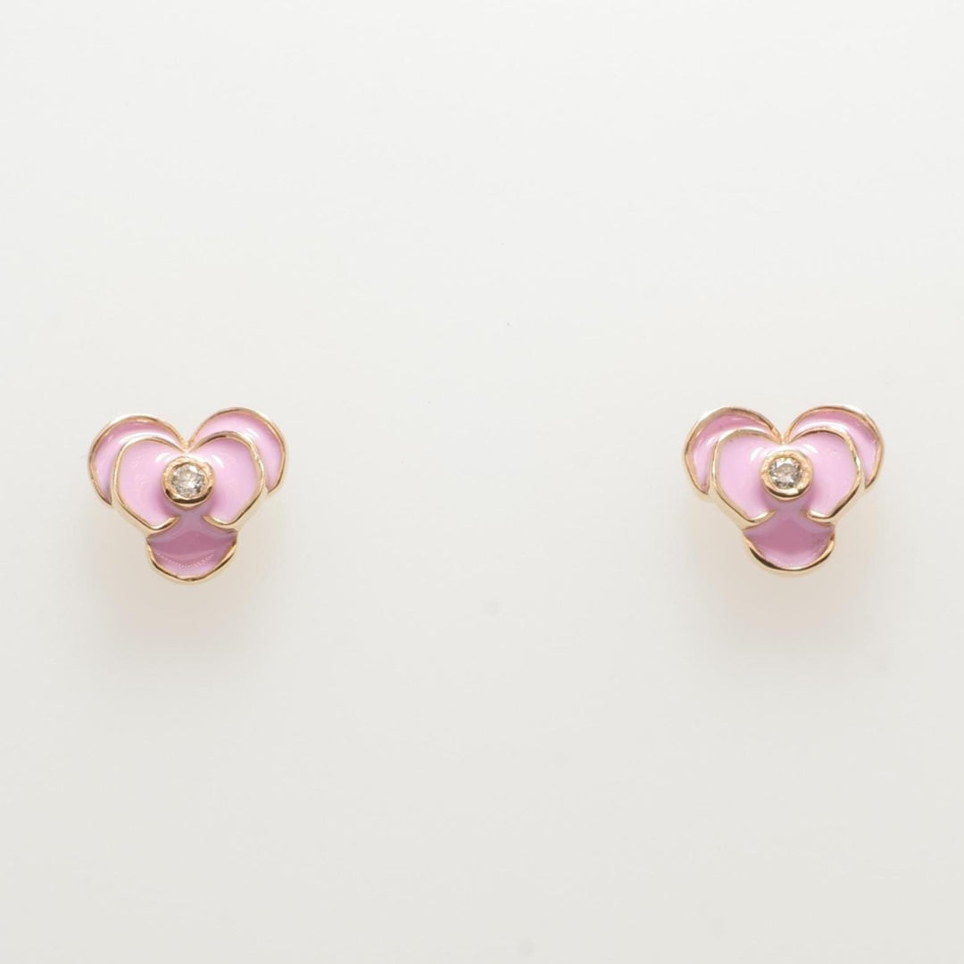 Kids Blooming Flower Diamond Earrings, 14k Solid Gold, Pink Enamel Studs, Natural Diamonds, Gift for toddlers/girls/kids, Ready To Ship