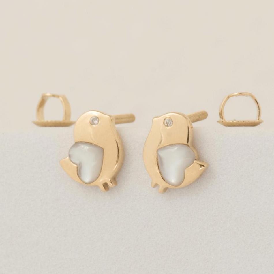 Kids Bird Diamond Earrings, Mother of Pearl Studs, 14k Solid Gold, Natural Diamonds, Gift For Toddlers/Girls, Ready To Ship, HRD Certified