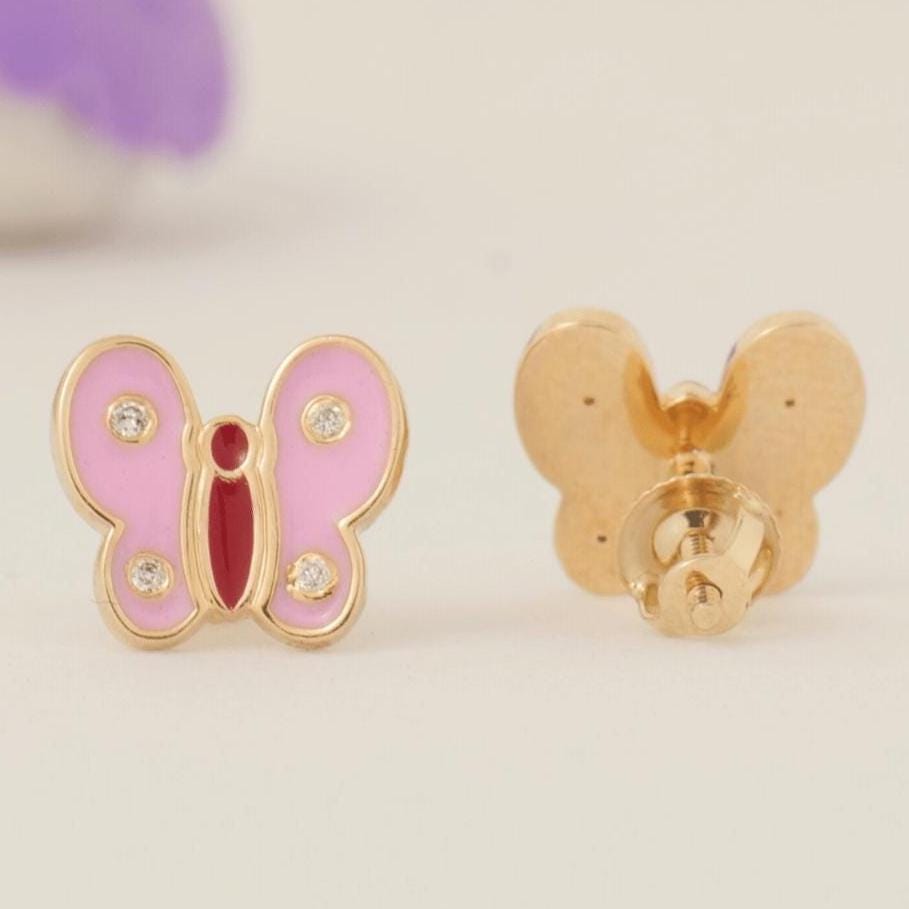 Kids Butterfly Diamond Earrings, 14k Solid Gold, Colorful Enamel Wing Studs, Natural Diamonds, Gift for girls, Ready To Ship, HRD Certified