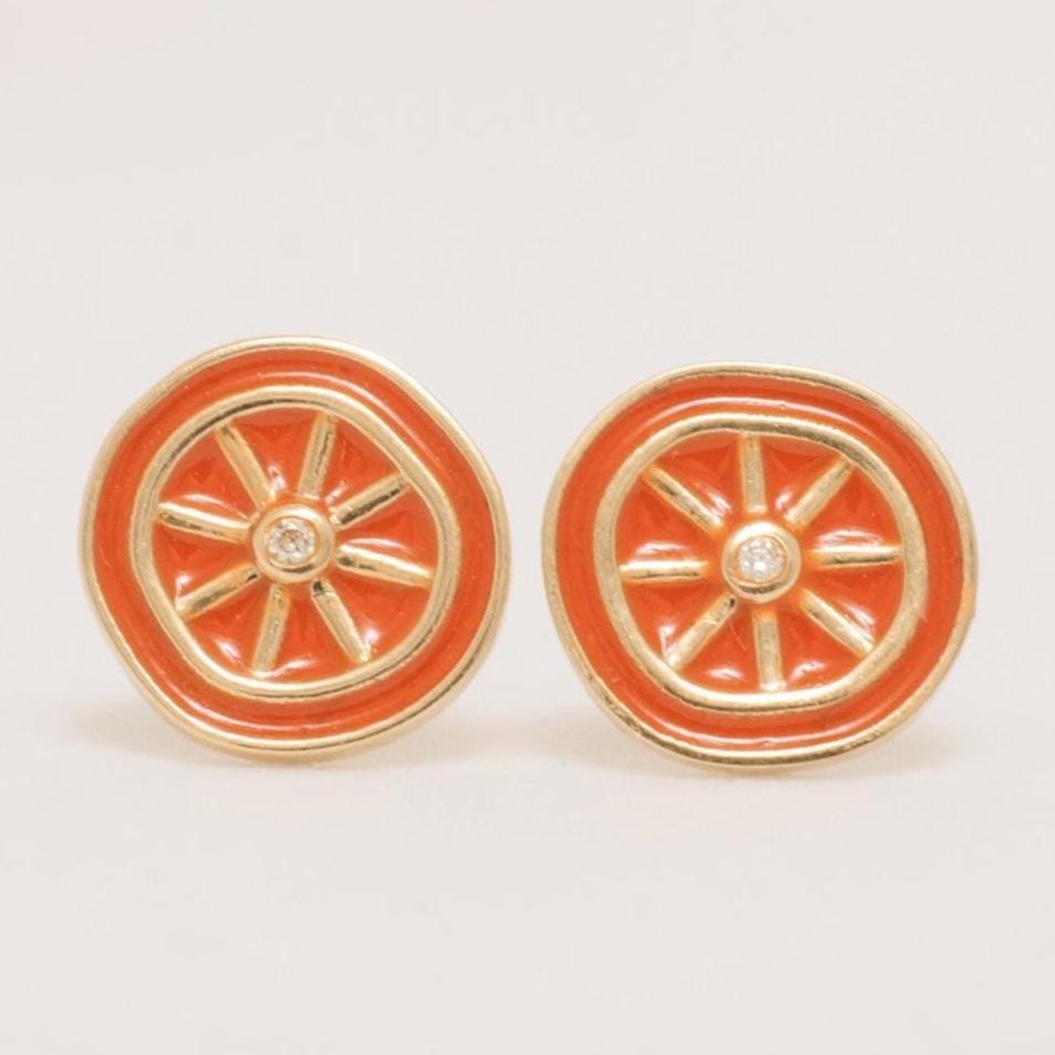 Kids Orange Slice Diamond Earrings, 14k Solid Gold, Orange Enamel Studs, Natural Diamonds, Gift for toddlers/girls/kids, Ready To Ship