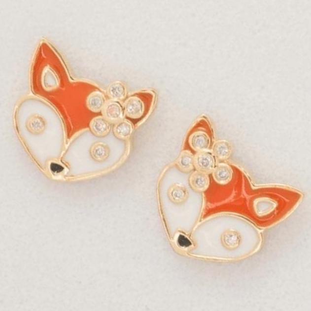Fox  Diamond Kids Studs Earrings, 14k Solid Gold, Natural Diamonds, Enamel Animal Jewelry,  Everyday jewelry, Ready To Ship, HRD Certified